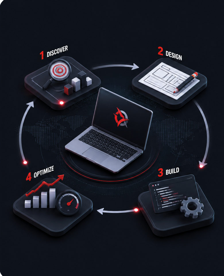 3D process workflow illustration for discovery, design, build and optimization